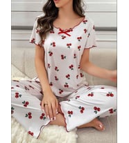 Fantezia Night Kadın Beyaz Kiraz Desenli Kısa Kollu Yumuşak Pijama Takımı 5128