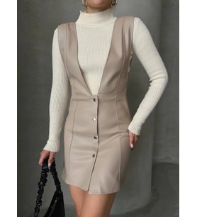 Deri jile elbise bej w24796