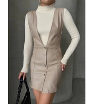 Deri jile elbise bej w24796