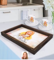 BK Gift Kişiye Özel Kadın Mimar Karikatürlü Doğal Ahşap Tepsi ve 2’li Kahve Fincan Seti-1