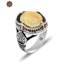 Mikro Zirkon Tac Motifli Damla Kehribar Taşlı Erkek Gümüş Yüzük 201025432