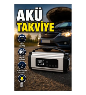 Dijital Ekranlı Akü Takviye Cihazı Lastik Şişirme Kompresörü Powerbank LED Işıklı Araç Kurtarma Ciha