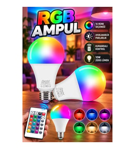 Ayarlanabilir Parlaklık RGB LED Ampul E27 Duy 10W 2000 Lümen Kumandalı Renk Değiştiren Beyaz Lamba