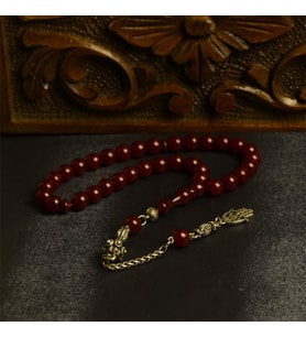 Küre Kesim 9x8 mm Sıkma Kehribar Alpaka Püsküllü Tesbih (Bordo)