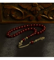 Küre Kesim 9x8 mm Sıkma Kehribar Alpaka Püsküllü Tesbih (Bordo)