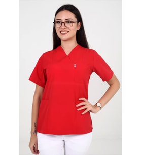 Kadın Terycotton Zarf Yaka Kırmızı Renk Scrubs Tek Üst