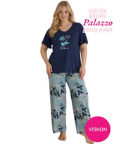 Seamlife Büyük Beden Düğmesiz Viskon Kısa Kol Palazzo Pijama Takımı-Oversize Üst Geniş Paça Alt Homewear (Lacivert)