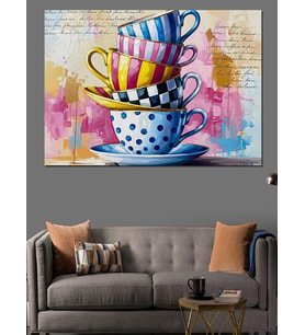 Üstüste Renkli Kahve Fincanları Pop Art Vintage Dekoratif Kanvas - Mdf Ahşap Tablo