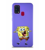 Samsung Galaxy M31 Soft Premier Kapak Sünger Bob Tasarımlı Silikon Kılıf - Mor (Şeffaf)