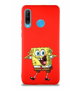 Huawei P30 Lite Soft Premier Kapak Sünger Bob Tasarımlı Silikon Kılıf - Kırmızı (Şeffaf)