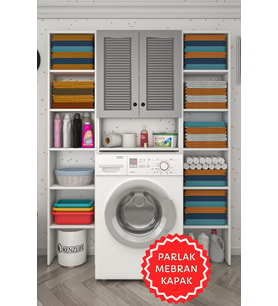 Kenzlife membran çamaşır makinesi dolabı veronikamaksduble gribyz panjur 180*126*20 mebran kapak suntalam gövde arkalıksız raflı (Beyaz-Gri)