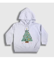 Presmono Unisex Çocuk Beyaz Kedili Çam Ağacı Yılbaşı Kapüşonlu Sweatshirt 269927tt
