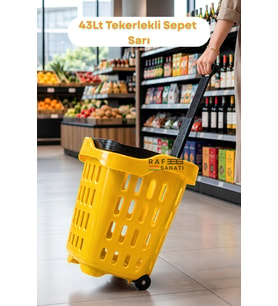 43 LT Tekerlekli Market Sepeti Plastik Alışveriş Sepeti Ergonomik Çift Saplı Sarı
