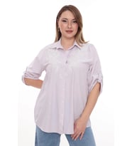 Büyük Beden %100 Cotton Nakış Detaylı Çizgili Gömlek Şık ve Rahat