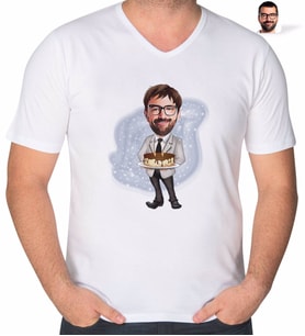 BK Gift Kişiye Özel Erkek Doğum Günü Karikatürlü V Yaka Tişört-4 (Beyaz)