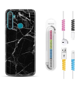 Realme 5i 5 Pro 6i 7 Pro 8 Kılıf Kablo Koruma Spiral Silikon Fragile Black Mermer 1378