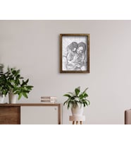 BK Home Karakalem Anne Kız Fotoğraflı Doğal Masif Ahşap Çerçeveli Tablo 45x65cm-1