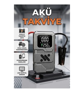 12000 mAh Akü Takviye Cihazı ve Hava Kompresörü Powerbank LED Aydınlatmalı Taşınabilir Araç Kurtarma