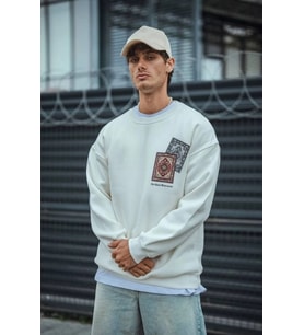 Uzun Kol Bisiklet Yaka Baskılı SweatShirt - Beyaz