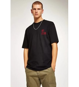 Unisex Bisiklet Yaka Oversize Baskılı T-Shirt - Siyah