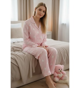 Kadın Kalpli Desenli Süet Gömlek Yaka Uzun Kol Pembe Kışlık Pijama Takımı