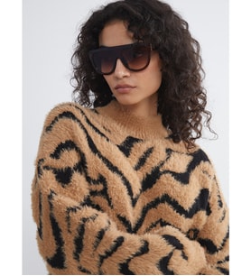 LCW Modest Kahverengi Dik Yaka Leopar Desenli Kadın Triko Tunik