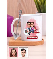 Çiftlere Özel Hediye Uçak Temalı Karikatürlü Ahşap Altlıklı Beyaz Kupa Bardak