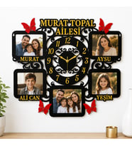 40x40 cm Kişiye Özel Aile Fotoğraflı MDF Duvar Saati – 6 mm Lazer Kesim Dekoratif Duvar Saati – Murat Topal Ailesi Tasarımı