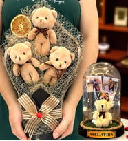 Sizlere Özel Led Işıklı Fanus ve Büyük Boy Kahve Peluş Ayıcık Buketi - Premium Hediye Seti (Model 1)