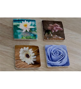 Mavi Gül ve Çiçekler Doğal Taş Bardak Altlığı 4'lü set - Natural Stone Coasters