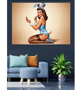 Tavşan Kostümlü Pin-Up Kız Dekoratif Kanvas - Mdf Ahşap Tablo