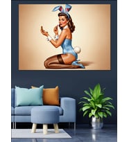 Tavşan Kostümlü Pin-Up Kız Dekoratif Kanvas - Mdf Ahşap Tablo