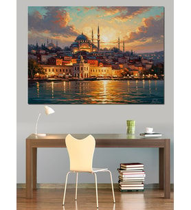 Gece Işıkları Altında İstanbul Camii Dekoratif Kanvas - Mdf Ahşap Tablo