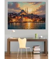 Gece Işıkları Altında İstanbul Camii Dekoratif Kanvas - Mdf Ahşap Tablo