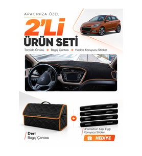 HYUNDAİ İ20 (2014-2020) Uyumlu Torpido Örtüsü + Deri Bagaj Çantası + Sticker Seti - Siyah Kahverengi
