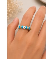 Sertifikalı 316L Çelik Turkuaz Mavi Çiçek Figürlü Taş Detaylı Premium Altın Kaplama Kadın Yüzük