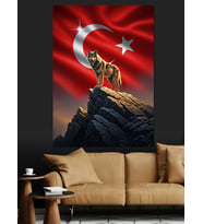 Türk Bayrağı Önünde Bozkurt Figürü Dekoratif Kanvas - Mdf Ahşap Tablo
