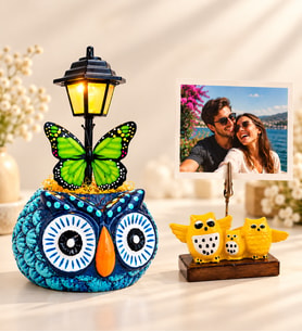 Kişiye Özel Fotoğraflı Mavi Nazar Baykuşu Masa Lambası ve Baykuş Fotoğraf Tutucu Hediye