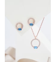925 Ayar Rose Kaplama Safir Taşlı Yuvarlak-Lava Model İkili Gümüş Set