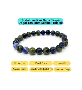Sertifikalı Sodalit ve Kan Baba Jasper Doğal Taş Misinalı Bileklik 8mm