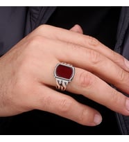 925 Ayar Gümüş Erkek Yüzük Kırmızı Akik Taşlı