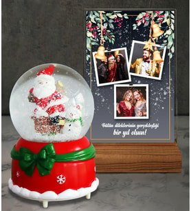 Yılbaşı Tasarımlı Işıklı Noel Baba Kar Küresi ve 3 Fotoğraflı ve Mesajlı Tasarımlı Masaüstü Plak oh1248