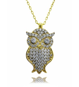 Yakışıklı Baykuş 925 Ayar Gümüş Zirkon Taşlı Gold Kaplama Kolye (Karışık)