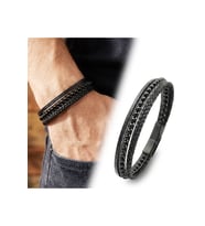 Parlak Oniks Taşlı 316L Çelik Kilitli Çok Katmanlı Örgü Deri Erkek Bileklik 42272B
