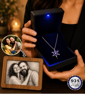 Işıklı Kutuda 925 Ayar Gümüş Lotus Çiçeği Kolyesi ve Kişiye Özel Karakalem Fotoğraf Çerçevesi