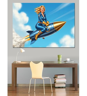 Roket Üzerinde Uçan Pin-Up Kızı Dekoratif Kanvas - Mdf Ahşap Tablo
