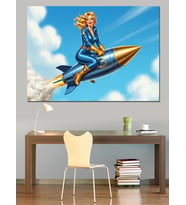 Roket Üzerinde Uçan Pin-Up Kızı Dekoratif Kanvas - Mdf Ahşap Tablo