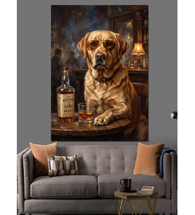 Bar Tezgahında Oturan Golden Retriever Dekoratif Kanvas - Mdf Ahşap Tablo