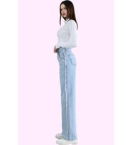 Kadın Yüksek Bel Uzun Boy Straight Jean Pantolon Pamuk Günlük Stil Yaz Aylarının Vazgeçilmezi (Mavi)