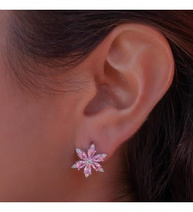 Lotus Çiçeği Tasarımlı Pembe Zirkon Taşlı 925 Ayar Gümüş Küpe